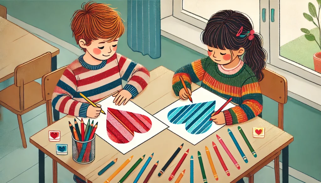 Dall·e 2024 10 31 11 15 57 two children sitting closely at a rectangular table in a classroom, each focused on a page filled with heart designs one child is coloring a large he