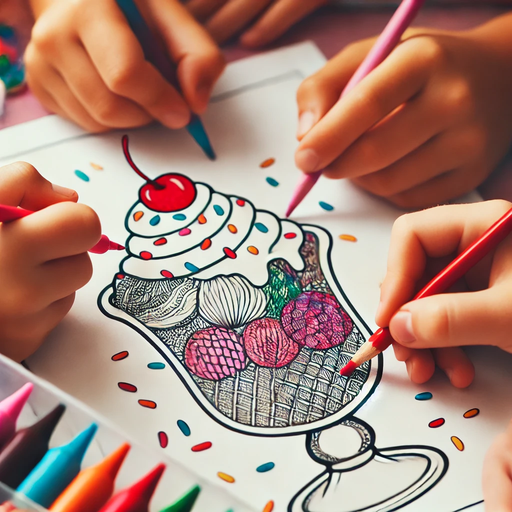 Dall·e 2024 10 31 12 39 02 a close up of three kids’ hands working together on an ice cream sundae coloring page, with one shading the cherry in red, another filling in the whip