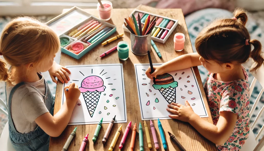 Dall·e 2024 10 31 12 39 09 two young children seated at a sunny kitchen table, each coloring a page with ice cream cones and sprinkles one child colors a scoop in bright pink,