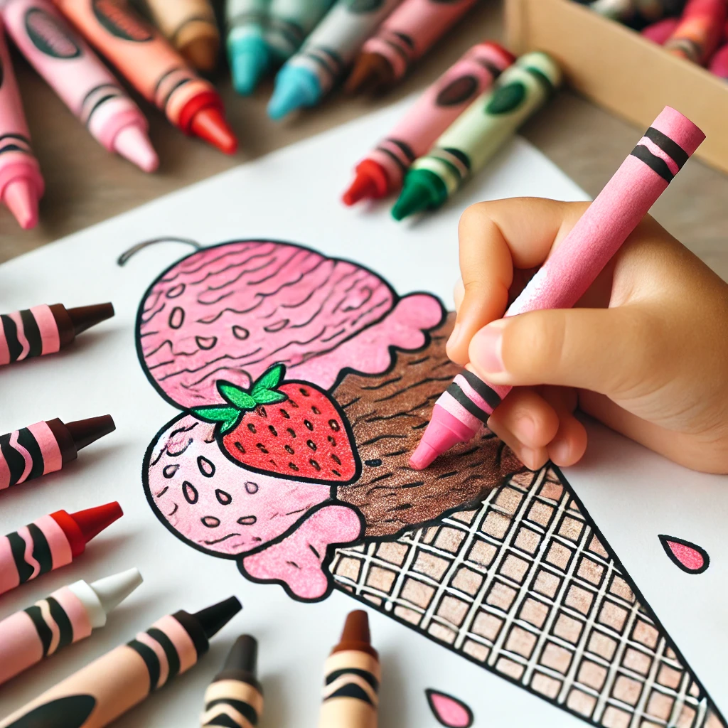 Dall·e 2024 10 31 12 39 17 a child’s hand holding a pink crayon to color a strawberry scoop on an ice cream coloring page other crayons in colors like chocolate brown, mint gre