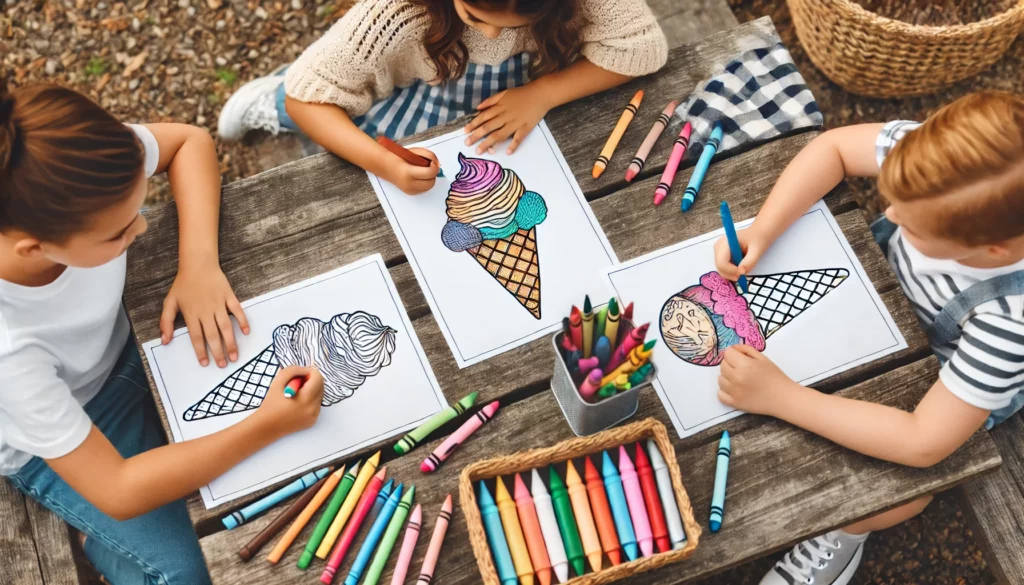 Dall·e 2024 10 31 12 39 19 three friends gathered around a picnic table outdoors, each with their own ice cream themed coloring page one child colors a classic ice cream cone,