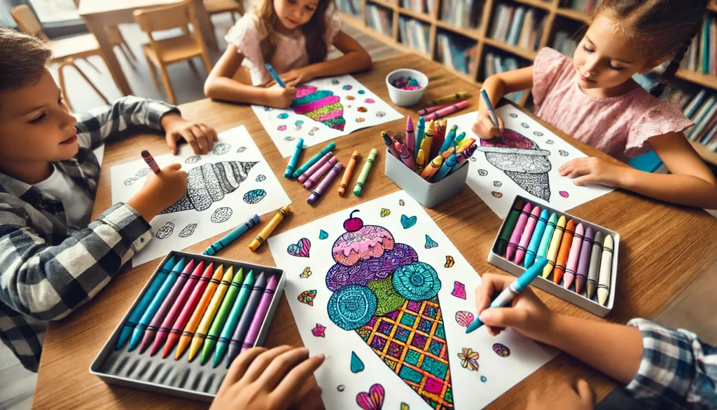 Dall·e 2024 10 31 12 39 22 a wide angle view of four children coloring together at a library table, each with different ice cream designs one child adds colorful toppings, anot