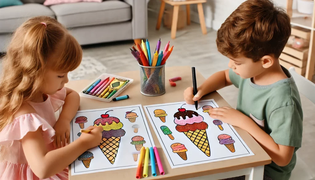 Dall·e 2024 10 31 12 39 24 two kids seated at a small table in a playroom, each working on ice cream pages featuring different flavors and cones one colors a cherry on top, whi