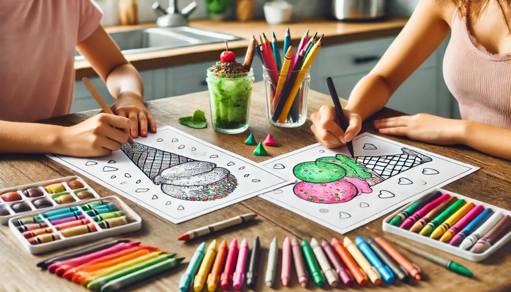 Dall·e 2024 10 31 12 40 16 two friends at a kitchen counter, each working on their own ice cream coloring page one adds rainbow sprinkles to a sundae, while the other colors a