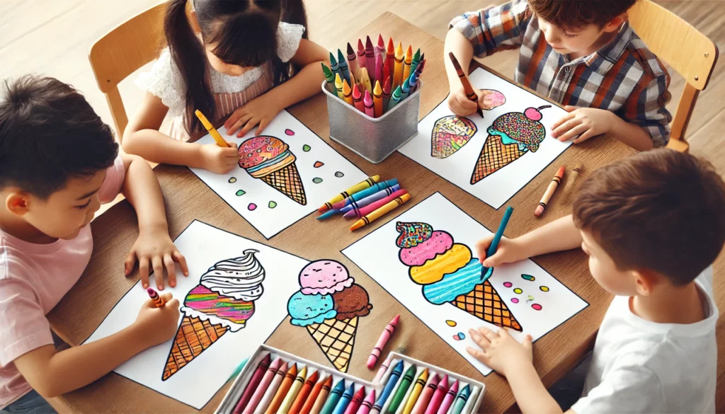 Dall·e 2024 10 31 12 40 24 a group of four children coloring together at a rectangular classroom table, each with a page filled with ice cream treats one child colors a chocola