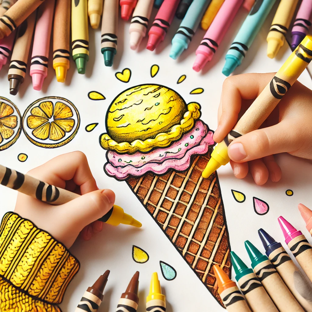 Dall·e 2024 10 31 12 41 32 a close up of two children’s hands, one holding a yellow crayon to color a scoop of lemon ice cream and the other shading a waffle cone in brown cray