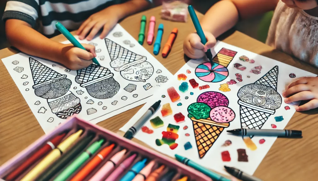 Dall·e 2024 10 31 12 41 35 two friends coloring side by side at a library’s kids’ area, each focused on ice cream coloring pages with various toppings and cones one child color