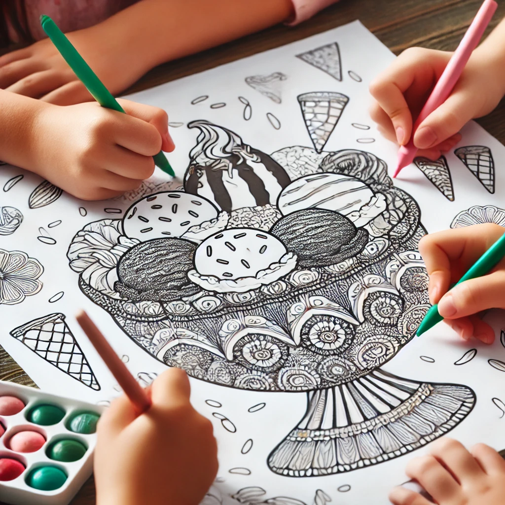 Dall·e 2024 10 31 12 46 06 a close up of three children’s hands working together on a large ice cream sundae coloring page, with one coloring the bowl, another adding sprinkles,