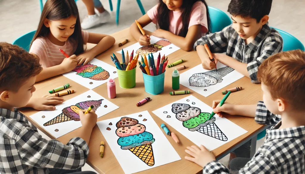 Dall·e 2024 10 31 12 46 37 a group of four kids seated at a rectangular table in a classroom, each with an ice cream coloring page featuring different treats one child colors a