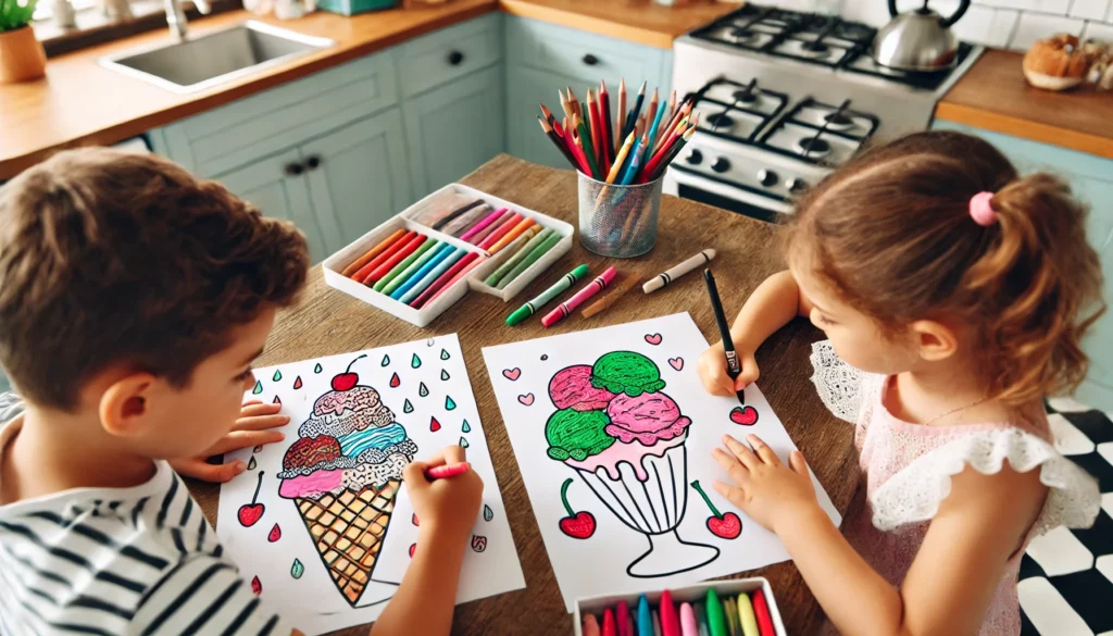 Dall·e 2024 10 31 12 46 39 two siblings coloring side by side at the kitchen counter, each with an ice cream page one is adding red cherries to the top of a sundae, while the o