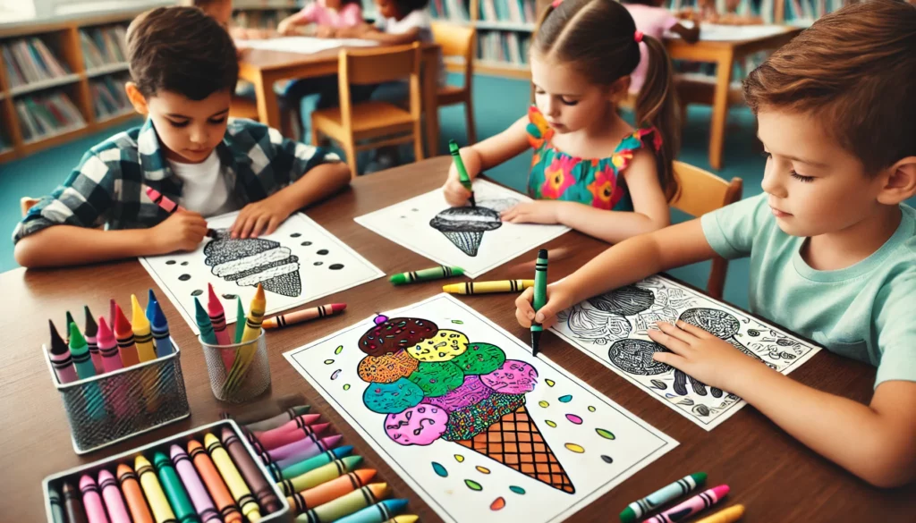 Dall·e 2024 10 31 12 46 45 three children sitting at a library table, each engrossed in a different ice cream design one child is coloring a sprinkle covered cone, another adds