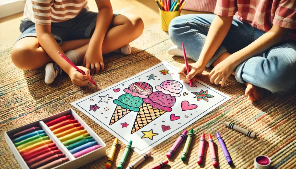 Dall·e 2024 10 31 12 47 34 two friends sitting cross legged on the floor in a sunny playroom, each working on an ice cream coloring page one colors a triple scoop cone, while t