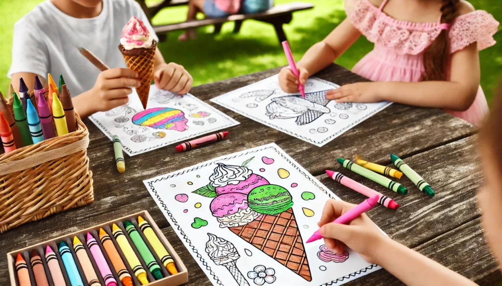 Dall·e 2024 10 31 12 49 03 two kids seated on a picnic table bench in a park, each with an ice cream coloring page one colors a sundae topped with whipped cream, while the othe