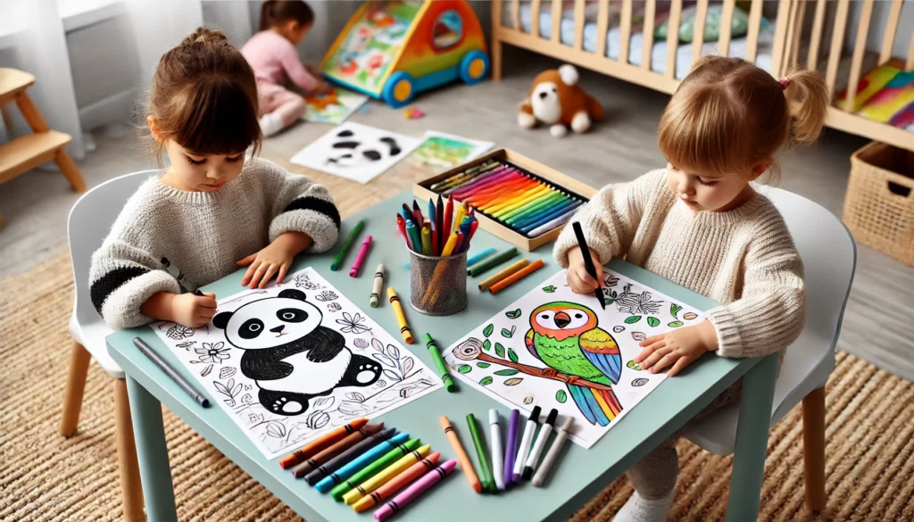 Dall·e 2024 10 31 12 59 45 two young children seated at a small table in a playroom, each coloring pages featuring cute animals one child is coloring a panda with black and whi