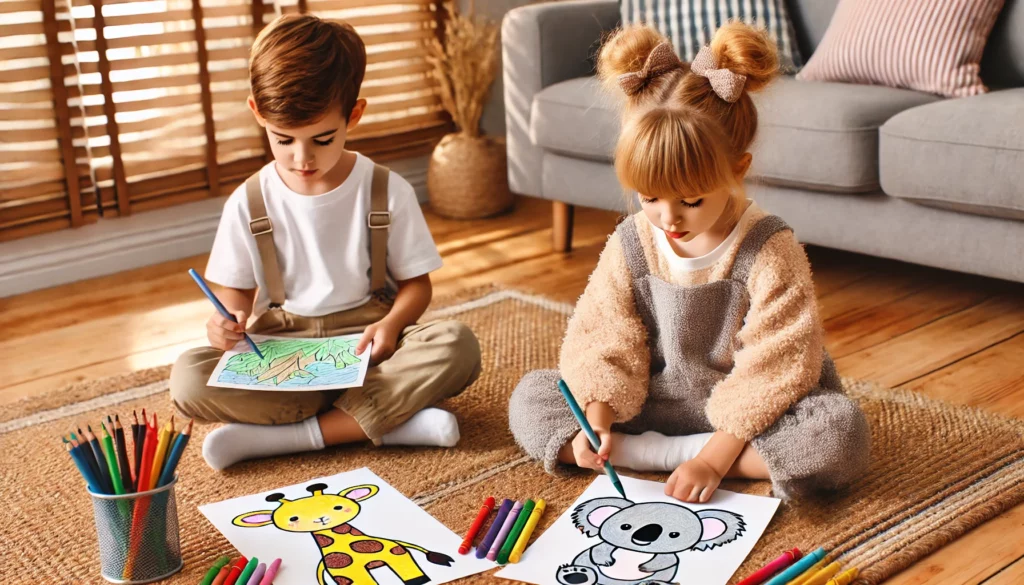 Dall·e 2024 10 31 12 59 50 two siblings sitting cross legged on a living room rug, each focused on a different cute animal page one is coloring a giraffe with yellow and brown