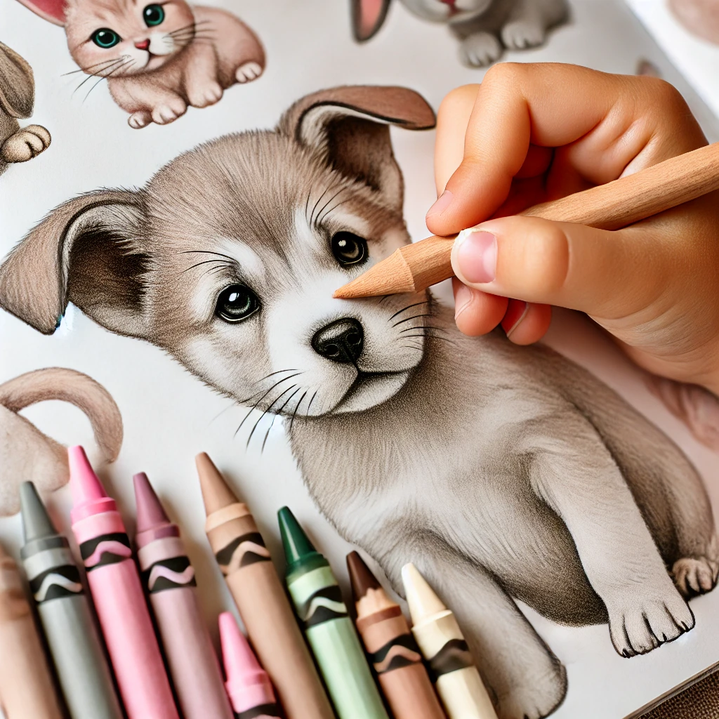 Dall·e 2024 10 31 12 59 52 a child’s hand carefully shading the ears of a puppy in light brown, with crayons in shades of pink, gray, and yellow nearby the page shows other ani