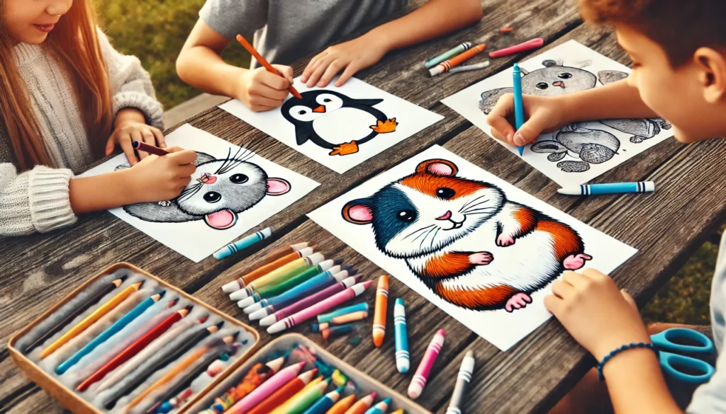 Dall·e 2024 10 31 13 03 06 three friends gathered around a picnic table outdoors, each with their own animal coloring page one colors a penguin in shades of blue and gray, anot