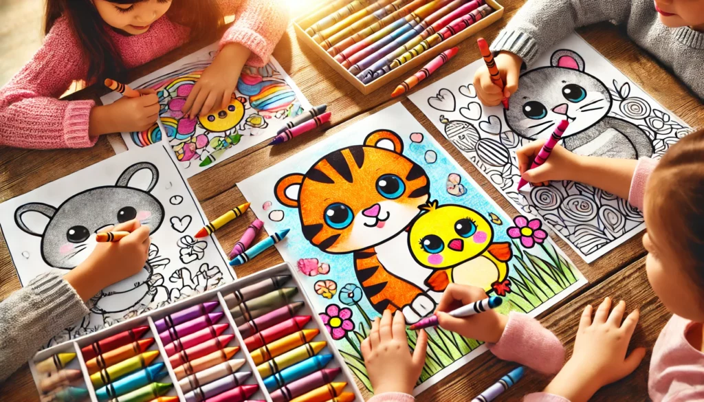 Dall·e 2024 10 31 13 03 10 a landscape view of four children coloring together at a library table, each with pages featuring different cute animals one child colors a baby tige