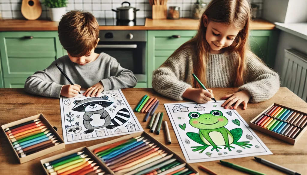 Dall·e 2024 10 31 13 03 12 two kids seated at a kitchen counter, each working on a page filled with cute animals one child colors a raccoon in gray and black, while the other s