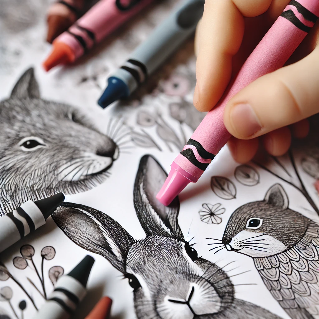 Dall·e 2024 10 31 13 03 20 a close up of a young child’s hand holding a pink crayon to color a bunny’s nose, with other crayons in shades of gray, brown, and blue scattered near