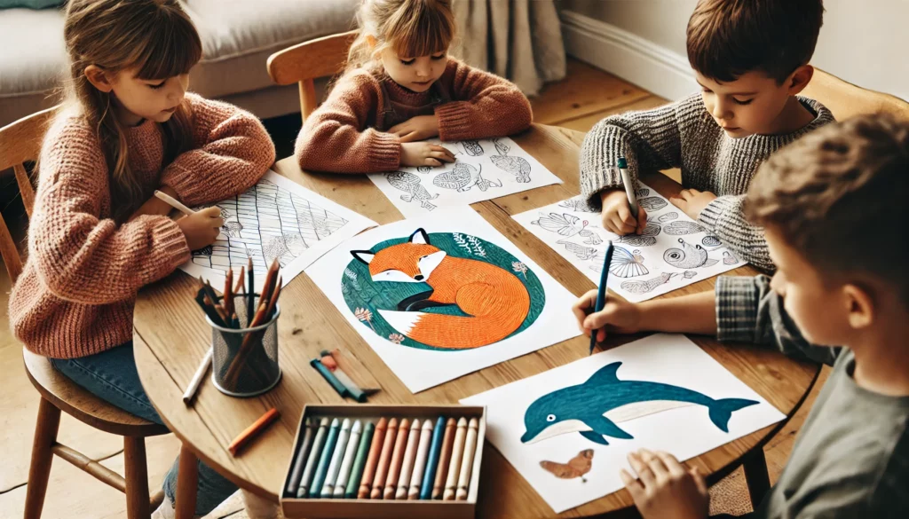 Dall·e 2024 10 31 13 03 23 three friends sitting around a cozy living room table, each focused on their own cute animal coloring page one child colors a sleeping fox in orange,