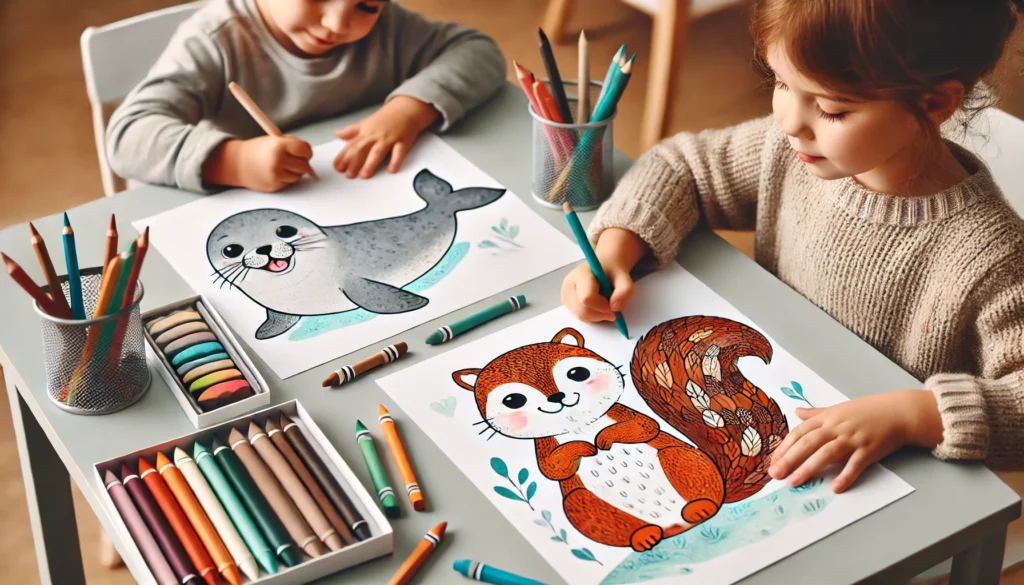 Dall·e 2024 10 31 13 06 04 two young children seated at a small table in a classroom, each coloring pages with adorable animals one child colors a fluffy squirrel with a bushy