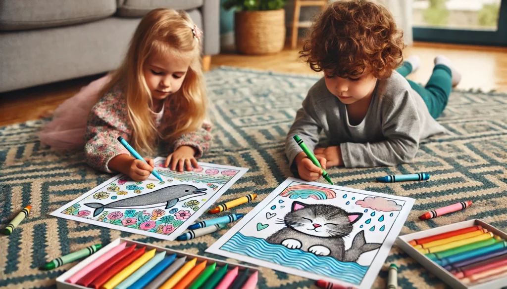 Dall·e 2024 10 31 13 06 30 two siblings coloring on a living room rug, each focused on cute animal designs one child colors a sleeping kitten with gray fur, while the other sha