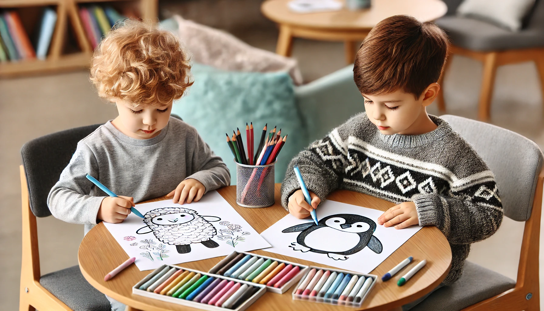 Dall·e 2024 10 31 13 15 02 two young friends sitting side by side at a round table in a library, each focused on coloring their own animal themed page one child colors a chubby