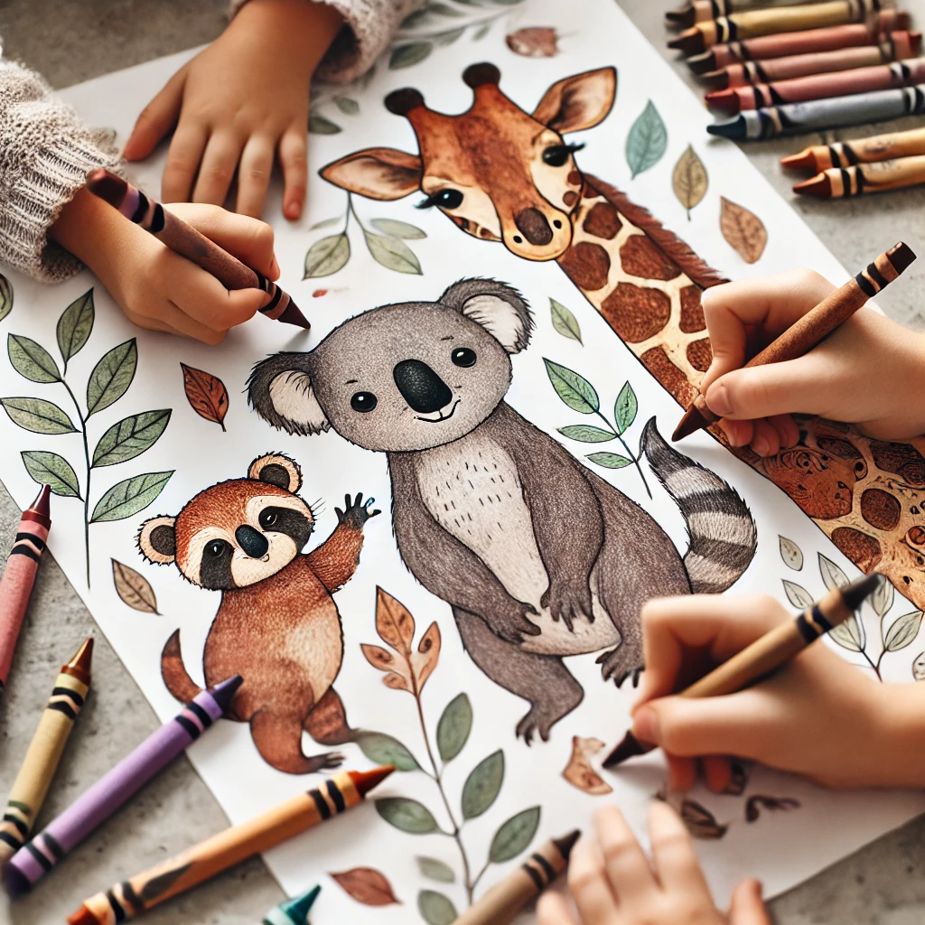 Dall·e 2024 10 31 13 15 04 a close up of three children’s hands, each working on a different part of a large animal coloring page, with one coloring a playful otter in brown, an