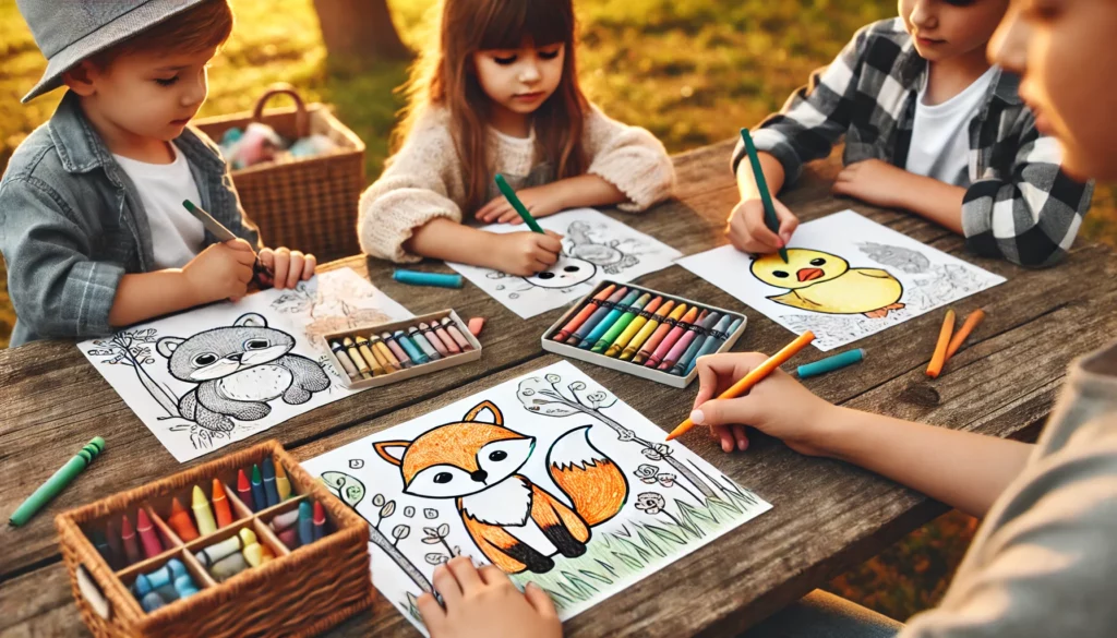 Dall·e 2024 10 31 13 24 44 a landscape shot of three children gathered at a picnic table, each working on a different cute animal coloring page one colors a fox in orange and w