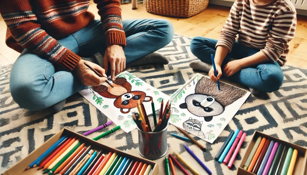 Dall·e 2024 10 31 13 24 51 two friends sitting cross legged on a playroom floor, each coloring their own page filled with forest animals one child is coloring a bear cub in bro