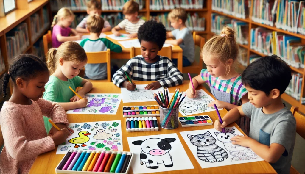 Dall·e 2024 10 31 13 26 10 a group of four children at a long library table, each focused on coloring cute animal pages with pets and farm animals one child colors a cow with b