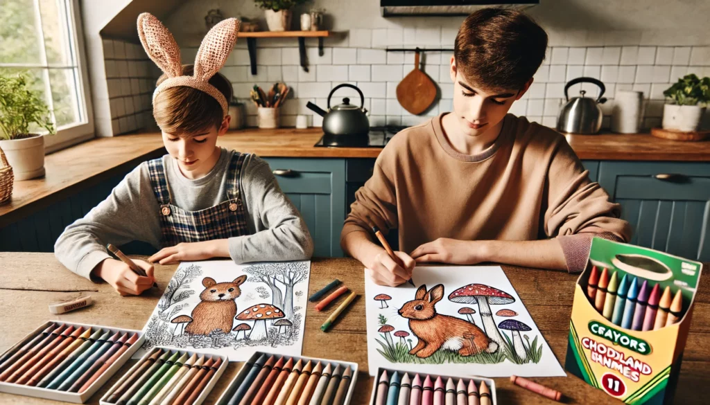 Dall·e 2024 10 31 13 26 12 two friends seated at a kitchen counter, each working on their own page filled with woodland animals one colors a fawn in brown and white, while the