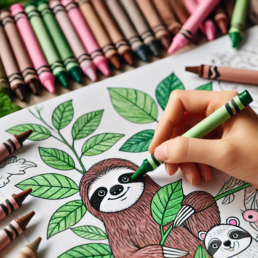 Dall·e 2024 10 31 13 26 17 a close up of a child’s hand using a green crayon to color leaves around a sloth, with other crayons in shades of brown, pink, and yellow nearby the