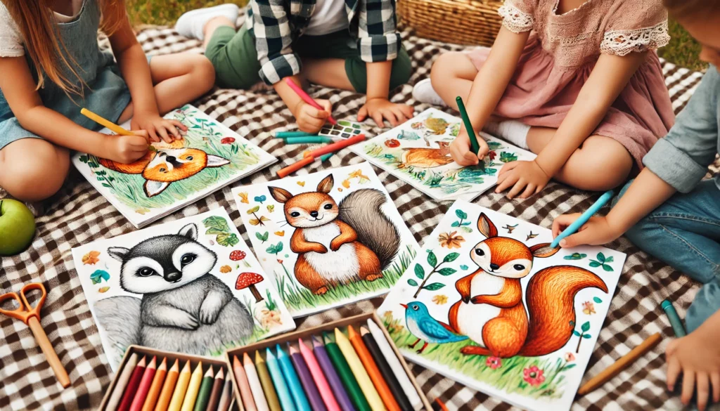 Dall·e 2024 10 31 13 26 19 three children seated closely on a picnic blanket outdoors, each with their own cute animal page filled with animals like foxes, deer, and birds one