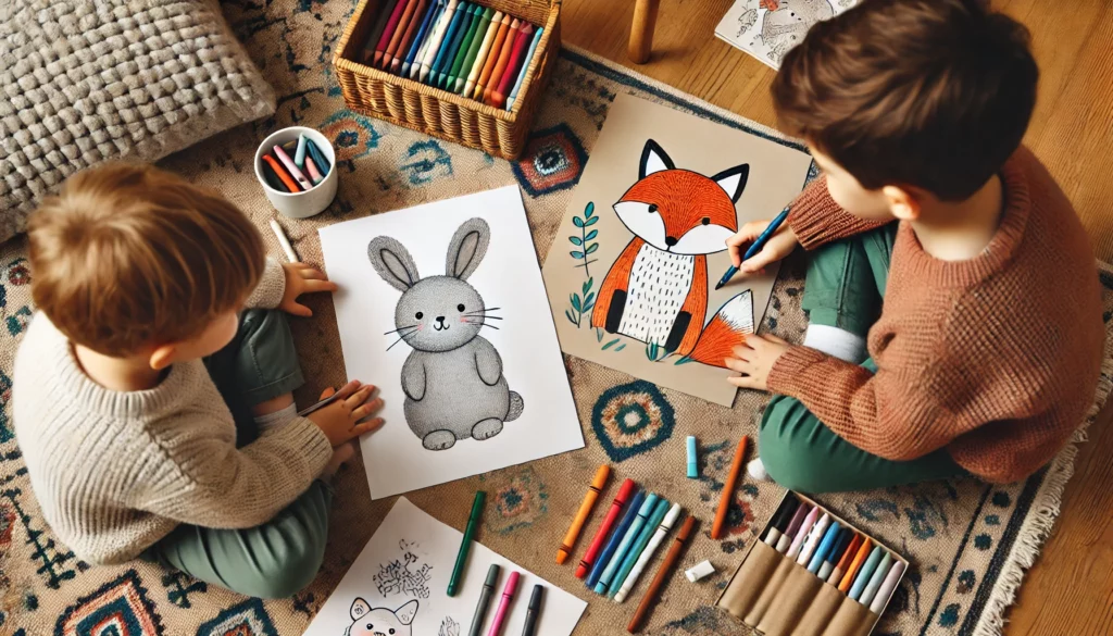 Dall·e 2024 10 31 13 28 19 two young children sitting on a living room rug with their own cute animal coloring pages, one coloring a fluffy bunny in soft gray, while the other s