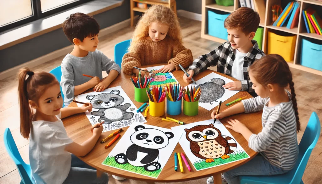 Dall·e 2024 10 31 13 33 34 four friends sitting around a round table in a classroom, each with their own cute animal coloring page one child shades in a panda, another colors a