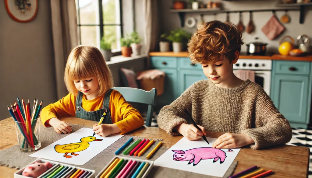 Dall·e 2024 10 31 13 33 38 two siblings seated at a kitchen table, each focused on different animal designs one child colors a duckling in yellow, while the other shades in a l