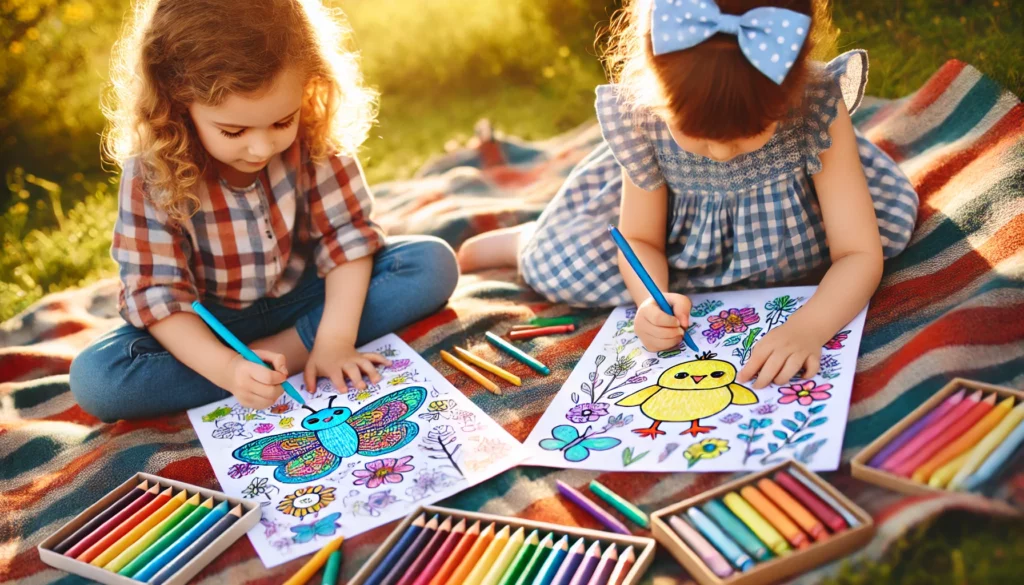 Dall·e 2024 10 31 13 33 44 two friends coloring side by side on a picnic blanket outdoors, each focused on their own animal pages one child colors a blue butterfly, while the o