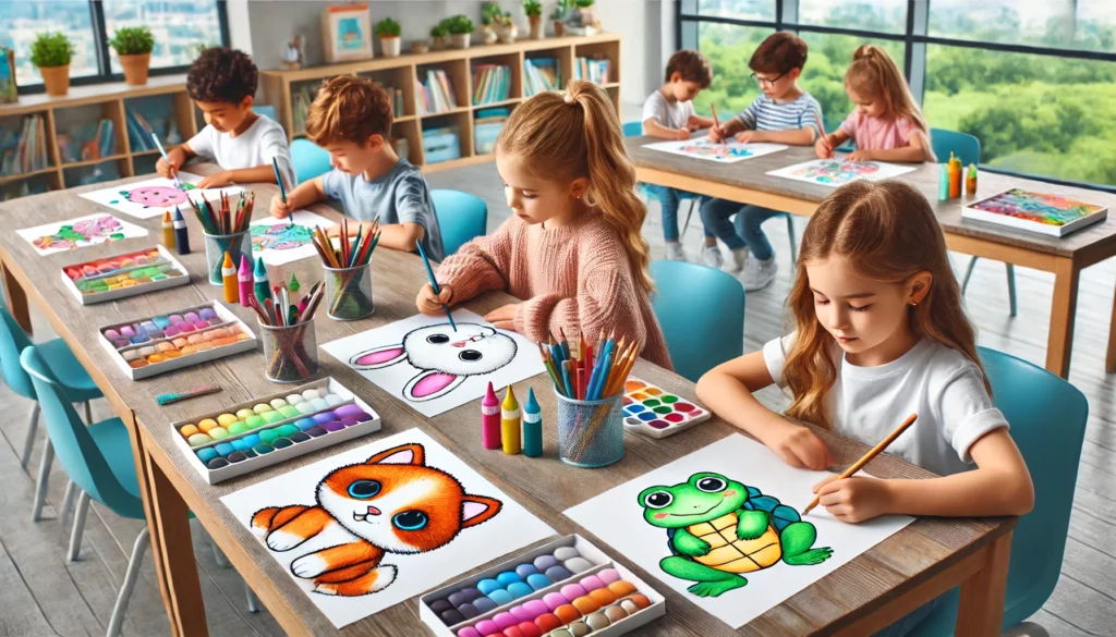 Dall·e 2024 10 31 13 33 47 a landscape shot of four children seated at a long art table in a library, each working on cute animal designs one child adds orange fur to a kitten,