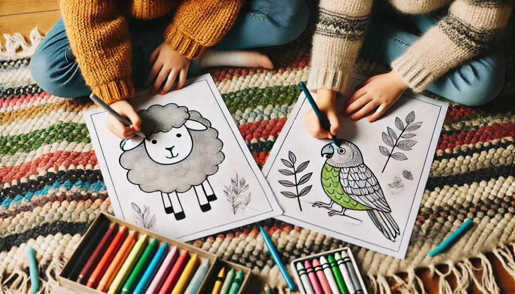 Dall·e 2024 10 31 13 33 49 two kids seated on a cozy rug, each working on their own cute animal coloring page one is coloring a fluffy sheep in soft gray, while the other shade