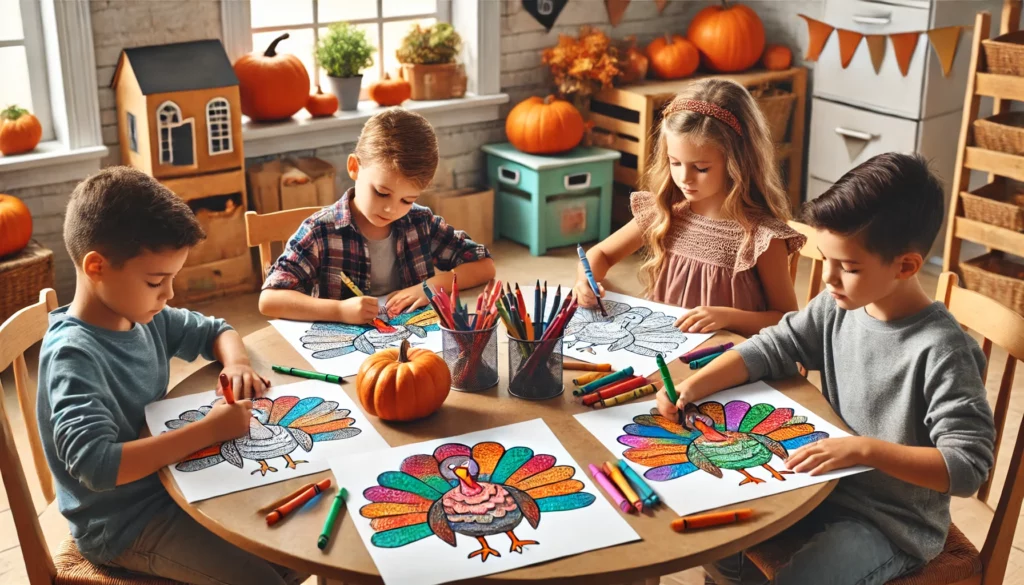 Dall·e 2024 11 01 10 42 58 four kids seated around a round table in a classroom, each focused on their own turkey themed coloring page one child colors the turkey’s feathers in