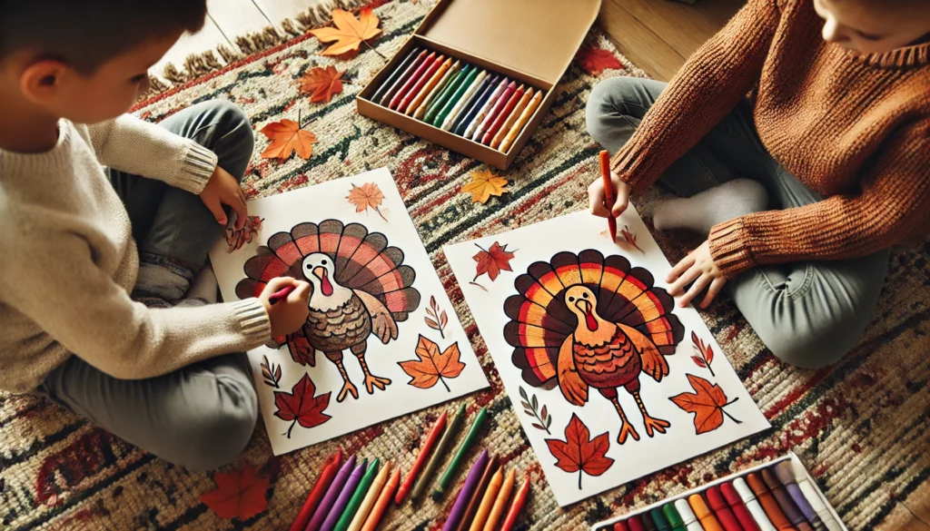 Dall·e 2024 11 01 10 42 59 two siblings sitting cross legged on a living room rug, each coloring different turkey pages one is shading in the turkey’s tail with reds and browns