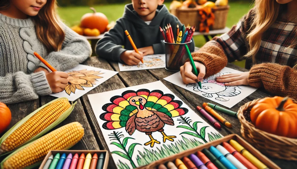 Dall·e 2024 11 01 10 43 03 three friends gathered around a picnic table outdoors, each with their own turkey themed coloring page one child colors the turkey’s feathers with a