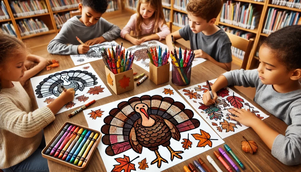 Dall·e 2024 11 01 10 43 04 a wide angle view of four children coloring together at a library table, each with different turkey designs one child shades the turkey’s wings in br