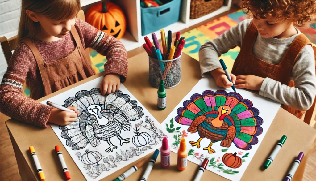 Dall·e 2024 11 01 10 43 07 two kids seated at a small table in a playroom, each working on turkey pages with different thanksgiving scenes one colors the turkey’s body in brown