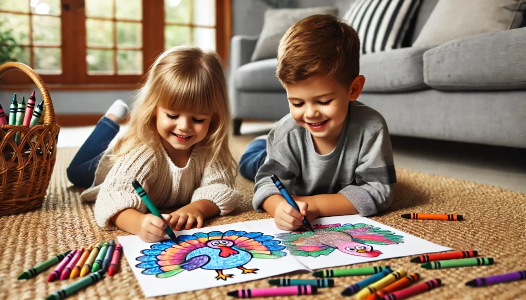 Dall·e 2024 11 01 10 43 15 two young children, a boy and a girl of different backgrounds, lying on the living room floor, absorbed in coloring pages of a turkey crayons are sca