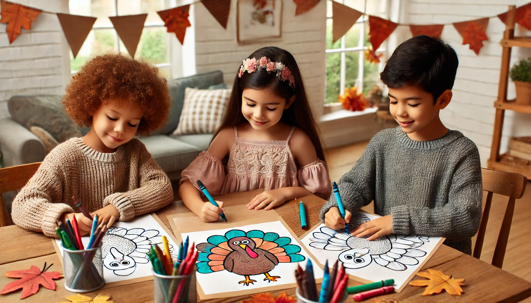 Dall·e 2024 11 01 10 43 18 three children of varied ethnicities, ages 6 9, working on turkey coloring sheets at a table in a cozy classroom setting the kids are exchanging cray