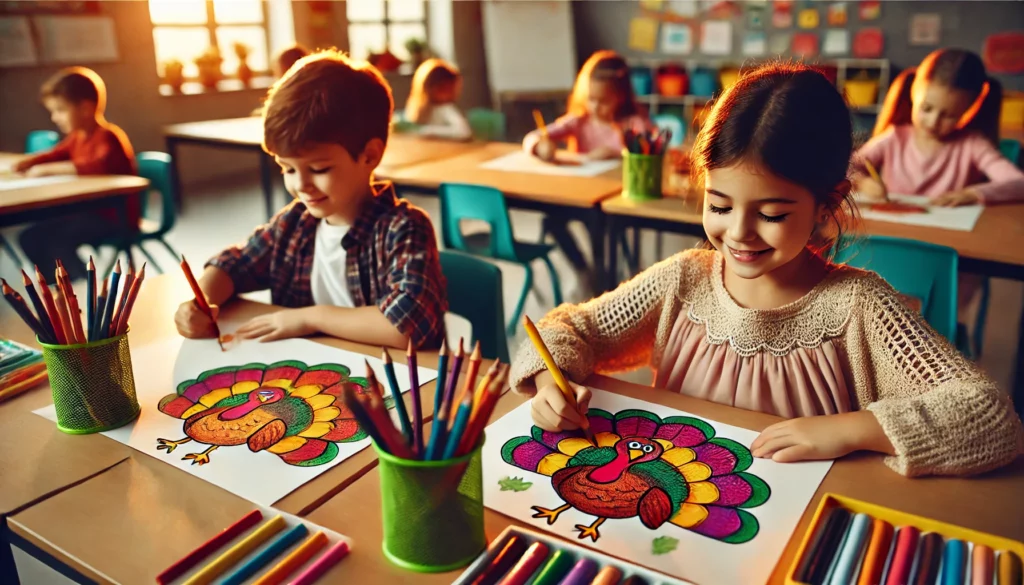 Dall·e 2024 11 01 10 43 19 a classroom view with two young children coloring turkey themed pages at their desks, with warm lighting and vibrant supplies the kids are smiling an