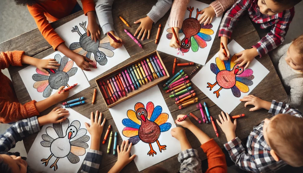 Dall·e 2024 11 01 10 43 21 a high angle shot of children gathered around a low table, coloring turkeys with crayons the children’s hands are reaching for crayons in reds, yello